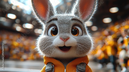 Judy Hopps's Close-Up: An adorable, expressive bunny in an orange jumpsuit, captured in a heartwarming, detailed close-up shot.  The blurred background hints at a cheering crowd, adding to the charm. photo