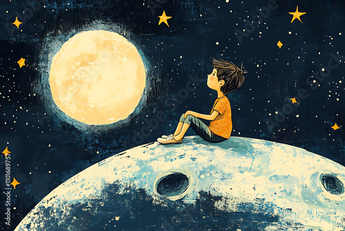 A boy sits on a moon, gazing at a large moon and stars, evoking wonder and imagination.