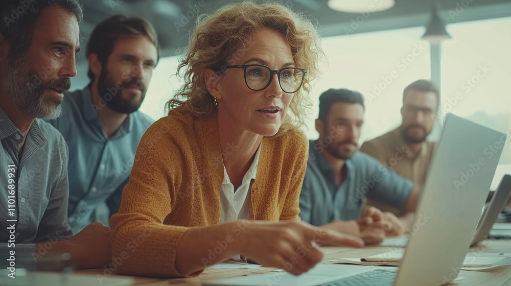 Obraz premium Mature Businesswoman Leading Team Strategy Discussion in Office