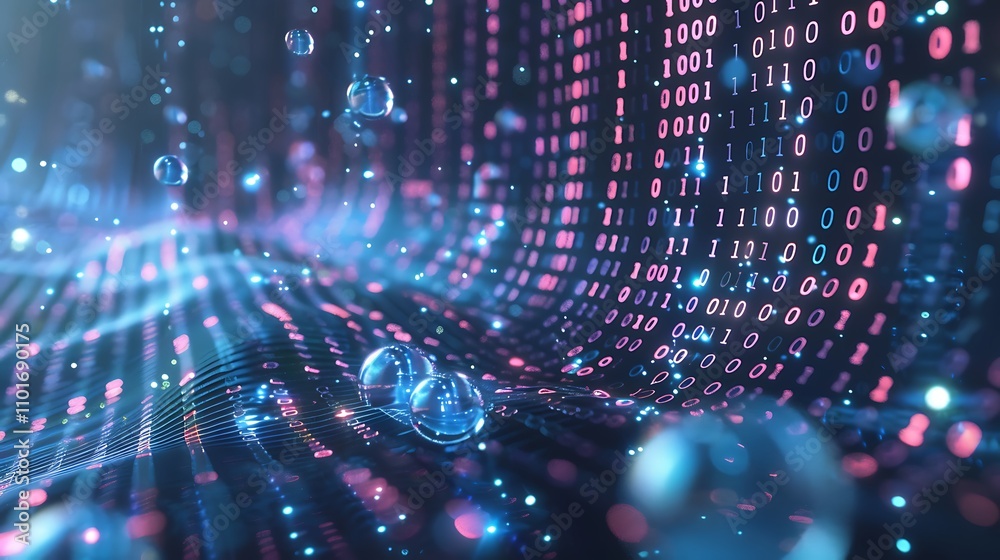 A digital landscape featuring binary code and bubbles, representing data flow and technology. A digital landscape featuring binary code and bubbles, representing data flow and technology.