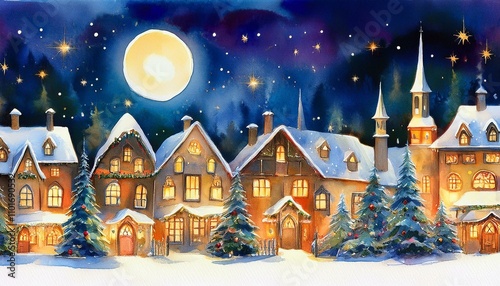 Christimas Village in the night, painted watercolor drawing art design