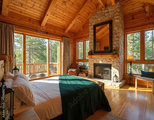 Wooden cabin bedroom with clean double bed in front of fireplace with sunlight through the balcony, the cabin surrounded by green nature view, interior home decoration design