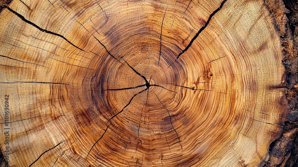 Naklejka premium Wooden tree trunk showing annual rings and natural textures in sunlight