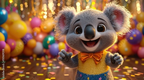 Happy Koala Celebrates: A cheerful 3D-rendered koala bear, adorned in a yellow sweater and bow tie, beams amidst a vibrant explosion of colorful balloons and confetti.  Perfect for birthday.