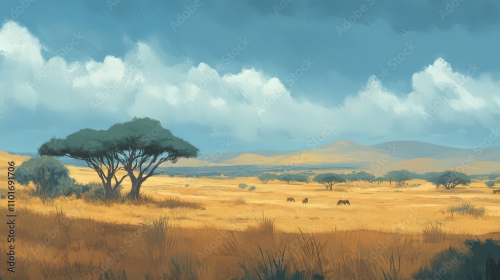 Obraz premium Serene African Landscape with Golden Grasslands Under Dramatic Cloudy Sky Featuring Sparse Trees and Wildlife in a Tranquil Natural Habitat