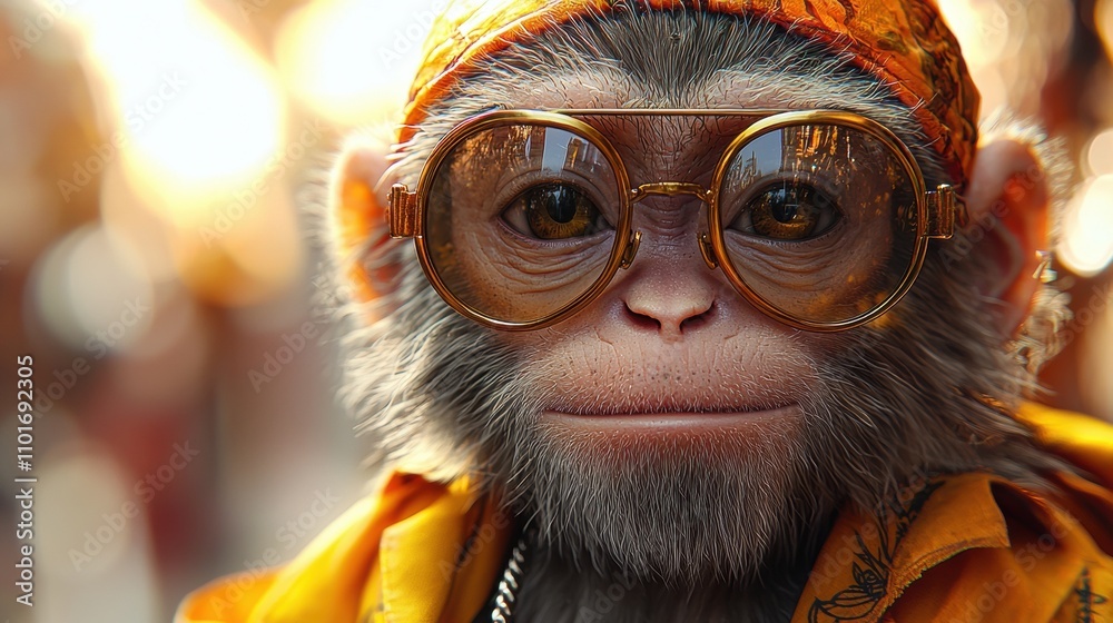 Cool Monkey in Sunglasses: A close-up portrait of a stylish monkey with round sunglasses, a bandana, and a gold chain, radiating a cool and confident vibe. Cool Monkey in Sunglasses: A close-up portrait of a stylish monkey with round sunglasses, a bandana, and a gold chain, radiating a cool and confident vibe.