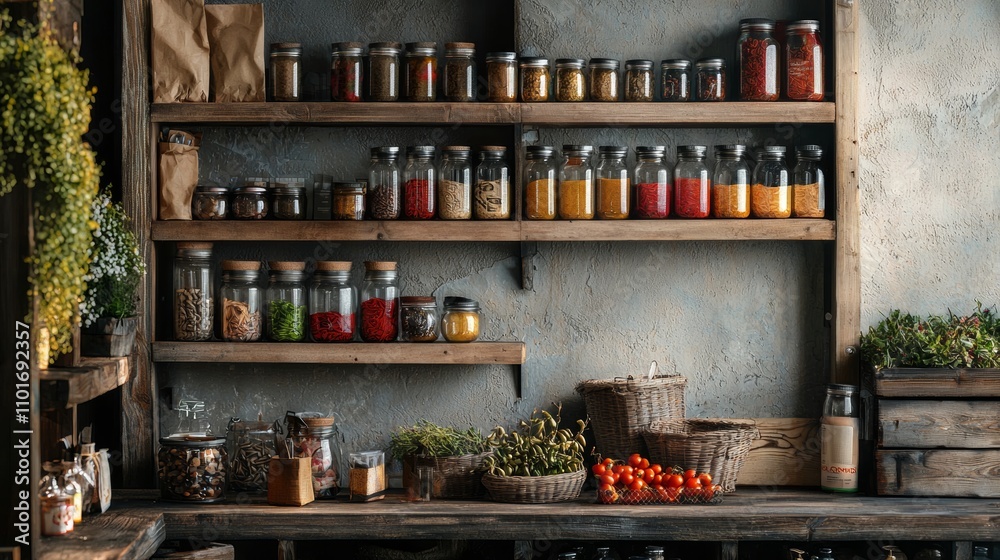 Pantry shelves filled with spices, herbs, and fresh produce Pantry shelves filled with spices, herbs, and fresh produce