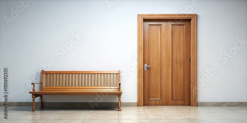 Wooden Door and Bench on White Wall - Photorealistic AI Art