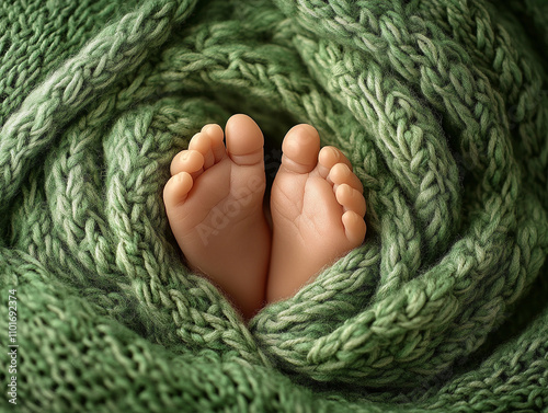 close up of bare baby feet in a green blanket photo