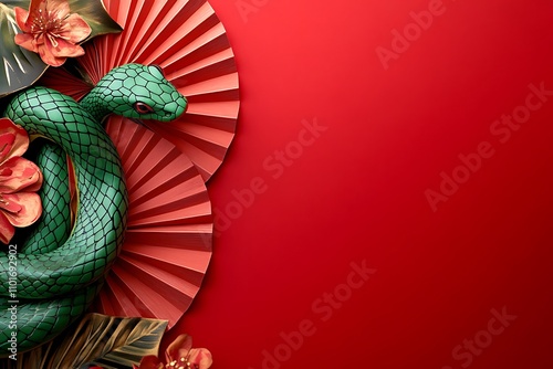 Charming green snake, paper fans, and flowers on a red background with copy space in a chinese new year greeting card photo