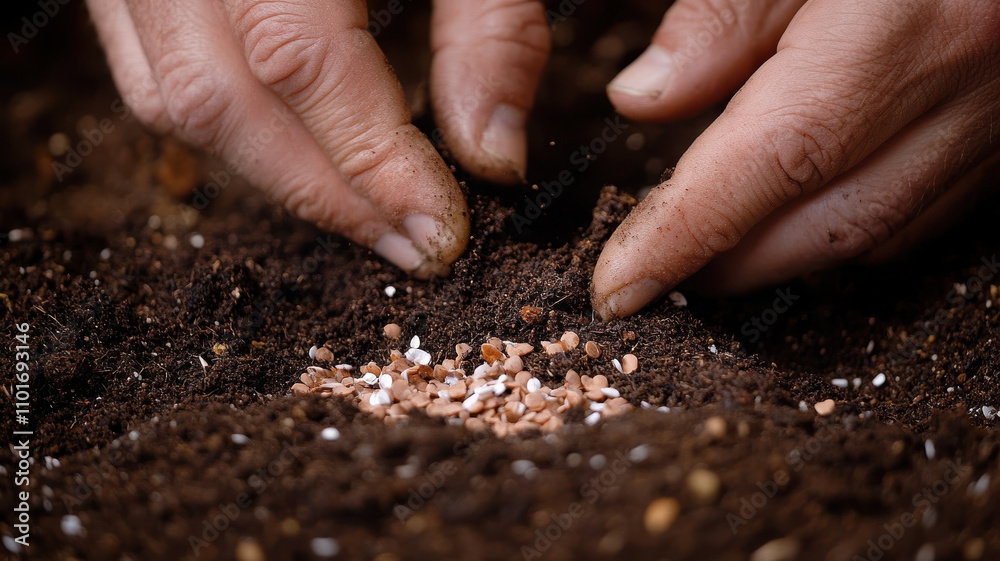 Planting seeds in enriched soil, hands gently working earth, nurturing growth and life. This close up captures essence of gardening and joy of cultivating nature Planting seeds in enriched soil, hands gently working earth, nurturing growth and life. This close up captures essence of gardening and joy of cultivating nature