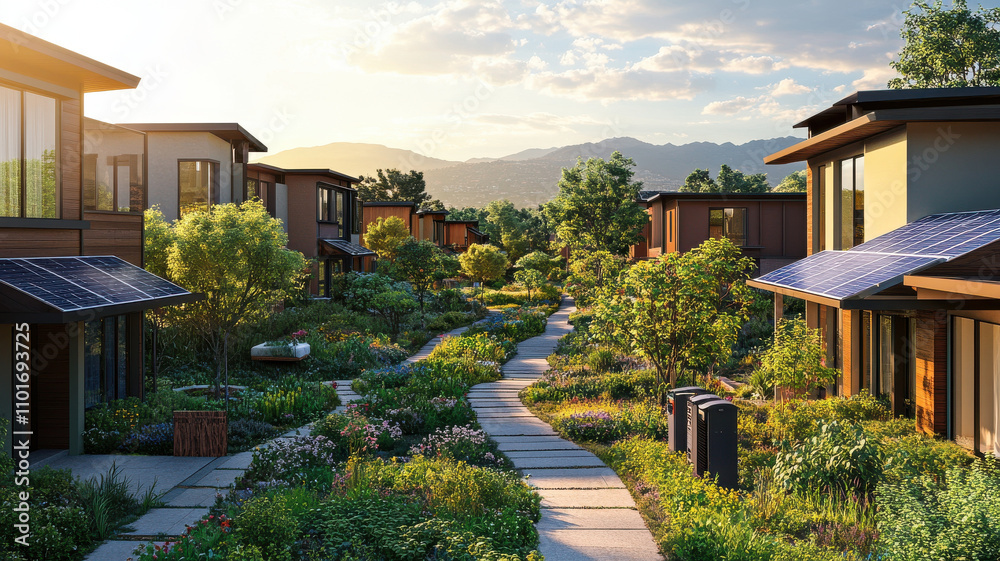 Fototapeta premium picturesque view of sustainable community featuring modern homes with solar panels, surrounded by lush greenery and vibrant gardens. serene pathway invites exploration and connection with nature