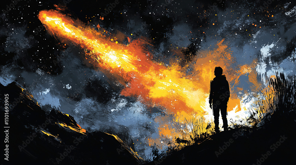 Night sky illuminated by a bright comet while a silhouette stands on a hilltop gazing at the cosmic display. Generative AI Night sky illuminated by a bright comet while a silhouette stands on a hilltop gazing at the cosmic display. Generative AI