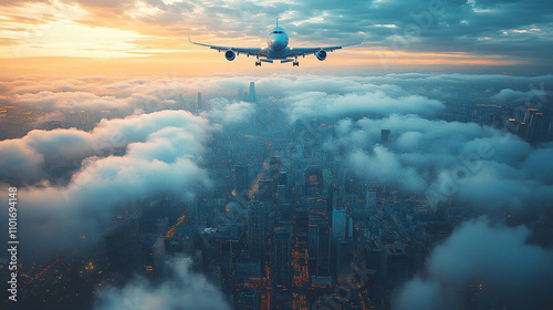 airplane in the sky over big city  photo