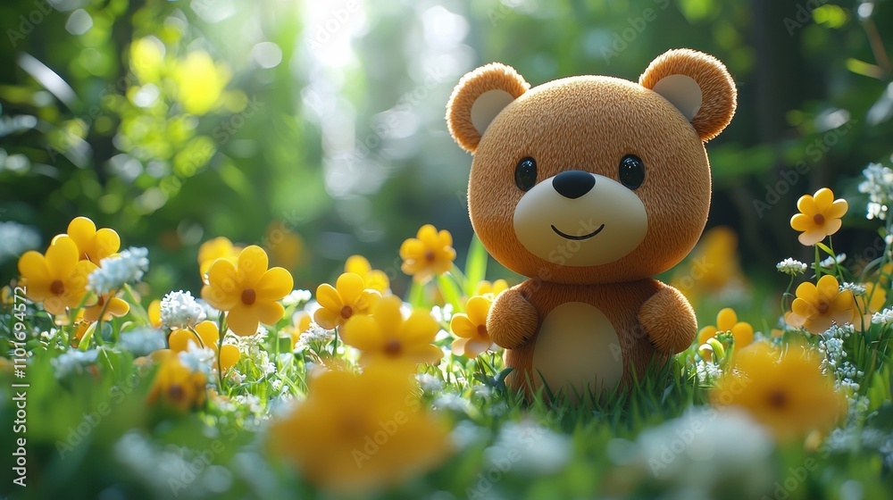Teddy Bear in a Field of Flowers: A charming brown teddy bear stands amidst a vibrant meadow of yellow and white flowers, bathed in the soft glow of sunlight. Teddy Bear in a Field of Flowers: A charming brown teddy bear stands amidst a vibrant meadow of yellow and white flowers, bathed in the soft glow of sunlight.