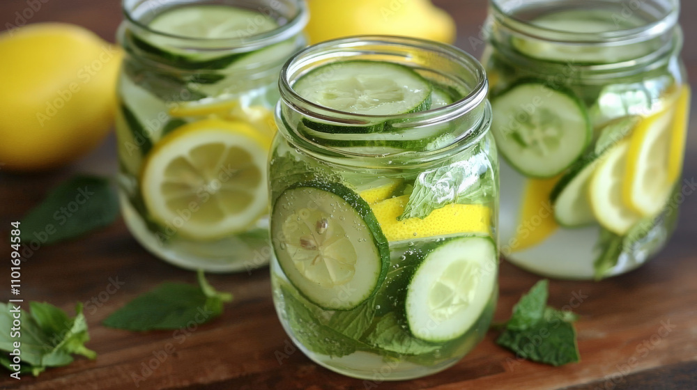 Refreshing detox water with lemon, cucumber, and mint in jars. Perfect for hydration and wellness, this vibrant drink is ideal for hot days Refreshing detox water with lemon, cucumber, and mint in jars. Perfect for hydration and wellness, this vibrant drink is ideal for hot days