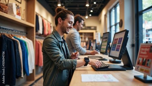 Modern Retail: Customer Using Smartwatch for Contactless Payment at Trendy Clothing Store Checkout