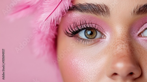 A close-up of a woman's eye with pink feathered makeup, creating a sense of delicacy and artistic flair. photo