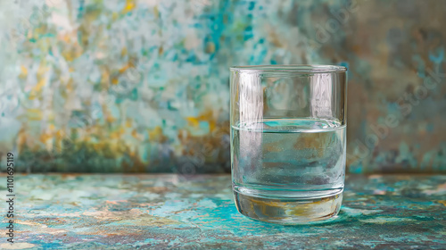 clear glass filled with water sits on textured, colorful background, creating serene and refreshing atmosphere. vibrant hues enhance visual appeal of scene
