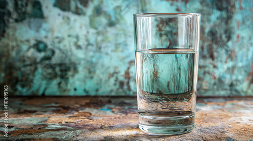 clear glass filled with water sits on rustic surface, showcasing its refreshing clarity against textured background. serene scene evokes sense of calm and simplicity
