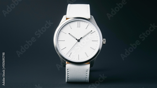 Elegant minimalist wristwatch with a white face and silver casing against a dark background