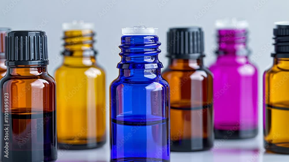 Colorful essential oil bottles arranged in a row Colorful essential oil bottles arranged in a row
