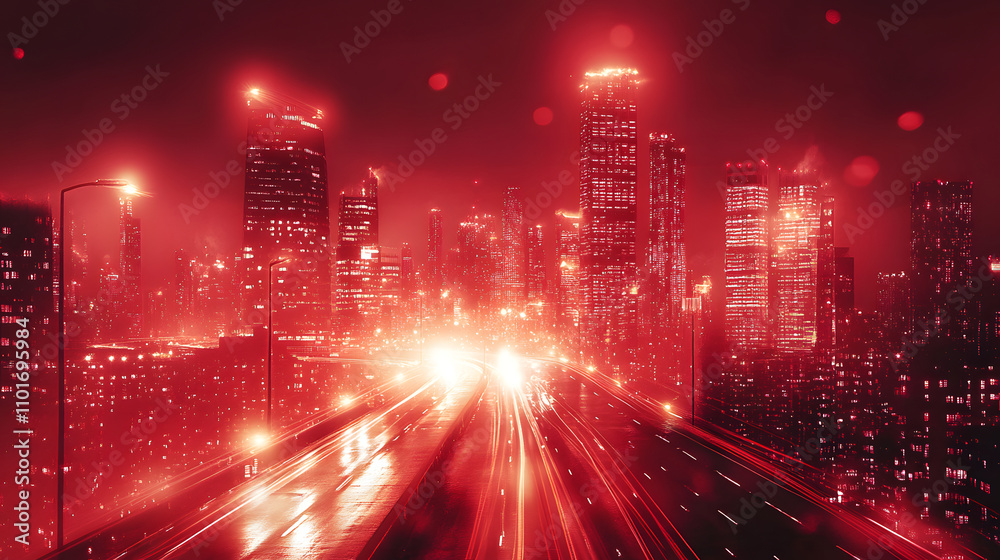 Fototapeta premium A vibrant city skyline illuminated in red, showcasing a dynamic urban atmosphere at night.
