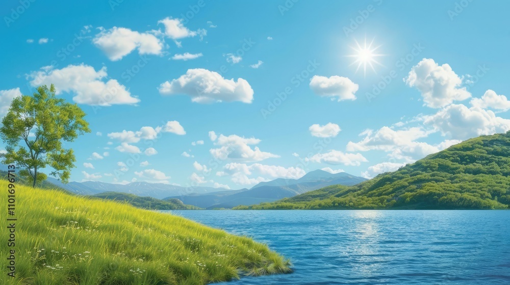 A serene landscape featuring a tranquil lake, lush green hills, and a bright blue sky with fluffy clouds, creating a peaceful natural scene. A serene landscape featuring a tranquil lake, lush green hills, and a bright blue sky with fluffy clouds, creating a peaceful natural scene.