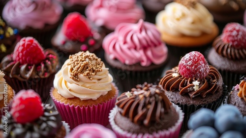 Assorted cupcakes with colorful frosting and toppings