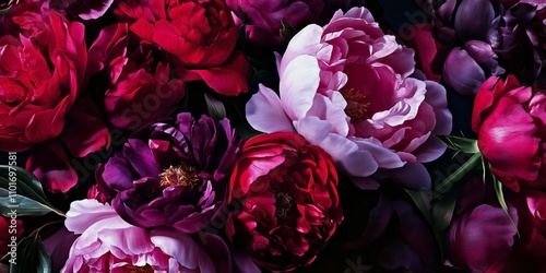 Fototapeta Naklejka Na Ścianę i Meble -  big roses and peonies pattern in dark burgundy and dark fuchsia pink colors on a dark purple solid color background, low key