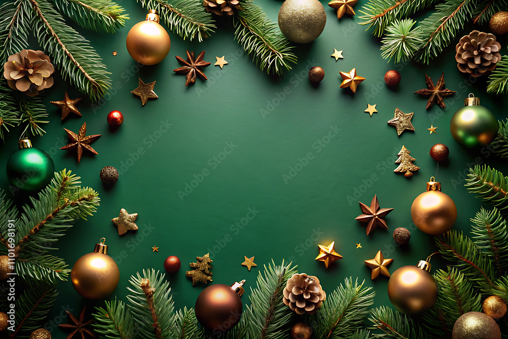 christmas background with christmas tree branches and balls