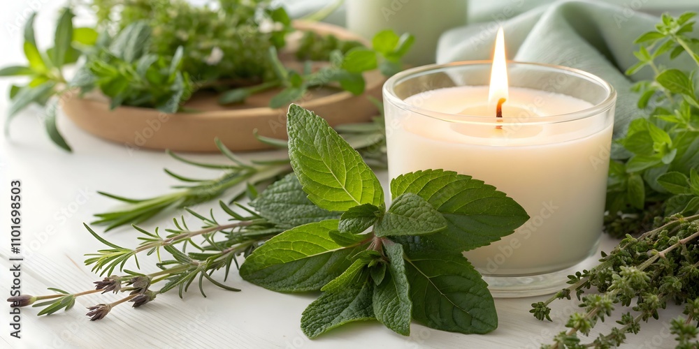 Serene Indoor Aromatherapy Candle Fresh Herbs Spa Wellness Retreats Tranquil Relaxation Concept Photo Serene Indoor Aromatherapy Candle Fresh Herbs Spa Wellness Retreats Tranquil Relaxation Concept Photo