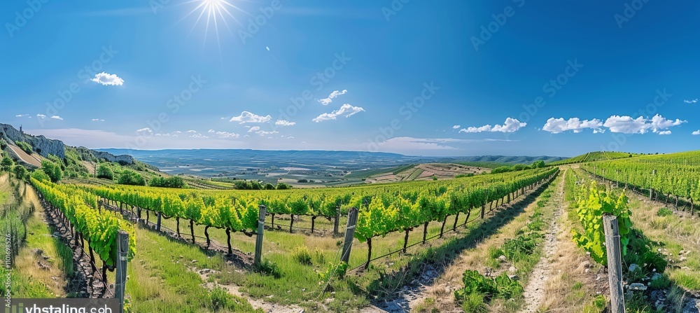 Fototapeta premium Vibrant vineyard in late spring rows of blooming grape vines under bright sunlight