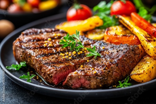 Juicy grilled sirloin steak served with roasted vegetables and fresh herbs