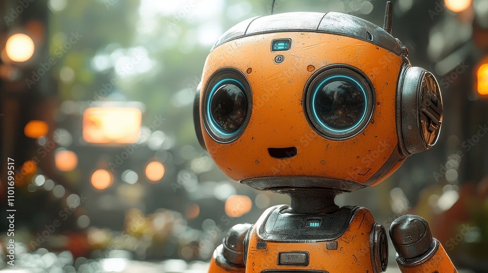 Cute Futuristic Robot with Big Expressive Eyes on City Street Cute Futuristic Robot with Big Expressive Eyes on City Street
