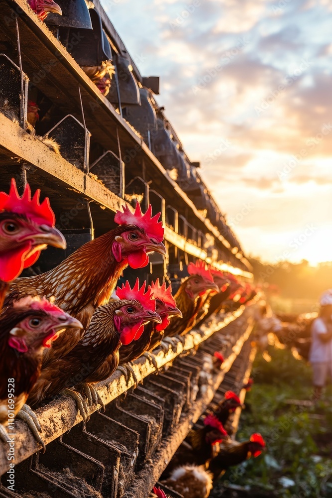 Obraz premium Sunset, chickens in cages, rural farm.