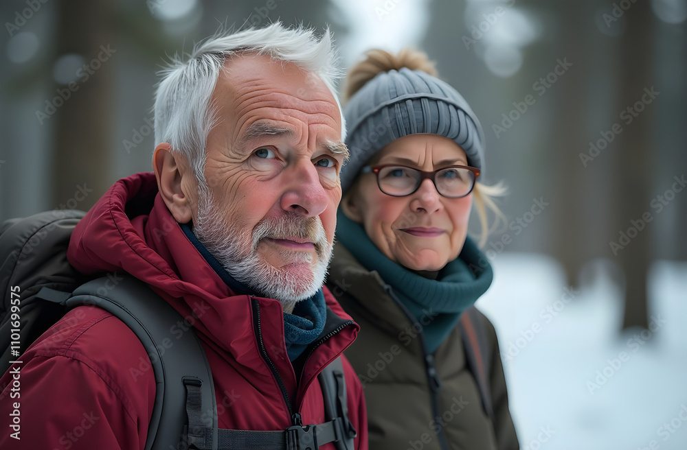 An elderly couple, a man with grey beard on foreground and a woman on background, doing Nordic walking in the winter forest. Healthy lifestyle and physical activity concept. Happy old age An elderly couple, a man with grey beard on foreground and a woman on background, doing Nordic walking in the winter forest. Healthy lifestyle and physical activity concept. Happy old age