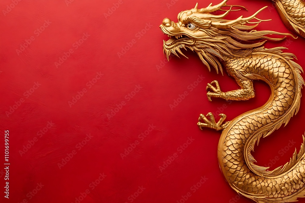 Fototapeta premium Golden dragon figurine on a vibrant red background, symbolizing chinese new year and cultural celebrations