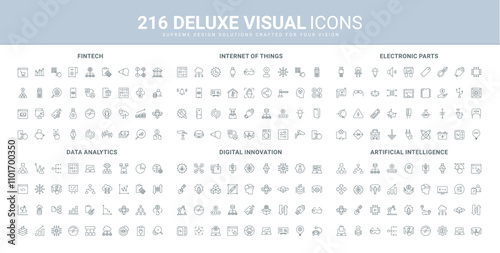 Big data analysis, IoT and AI, digital innovation and fintech, electronic parts line icon set. Financial research of artificial intelligence, analytics thin black outline symbols vector illustration