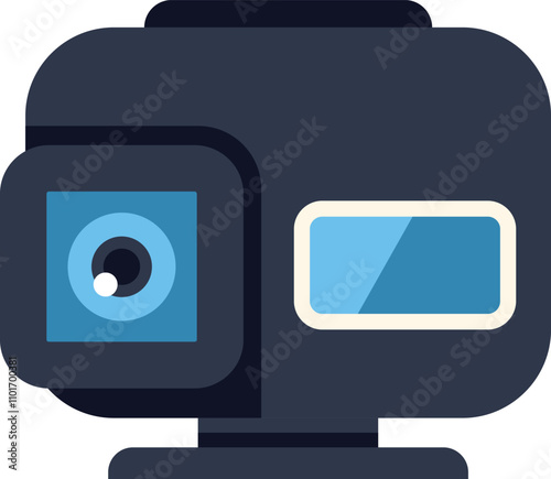 Illustration of a black action camera showing its lens and blue screen