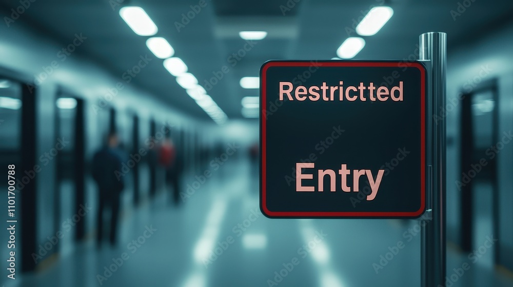 A sign indicates restricted entry in a dimly lit corridor, suggesting limited access or privacy in the area. A sign indicates restricted entry in a dimly lit corridor, suggesting limited access or privacy in the area.