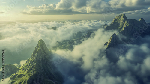 Majestic mountain landscape with towering peaks piercing through a sea of mist, framed by dramatic cloud formations.