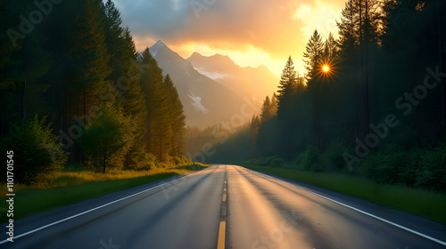 Evening Light Over Mountain Forest Road