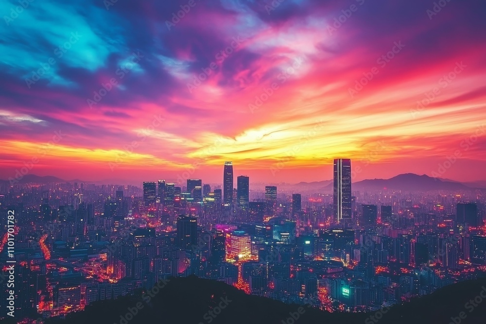 Fototapeta premium City skyline sunset, vibrant colors, illuminated buildings.