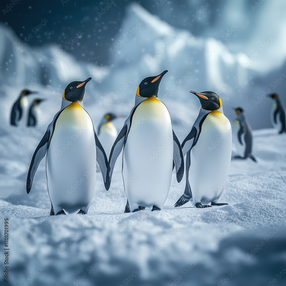 Fototapeta premium Three penguins standing on a snowy surface. The penguins are holding hands and looking at the camera