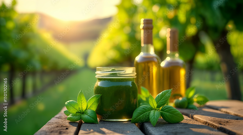Fresh Basil Pesto on a Rustic Table Fresh Basil Pesto on a Rustic Table