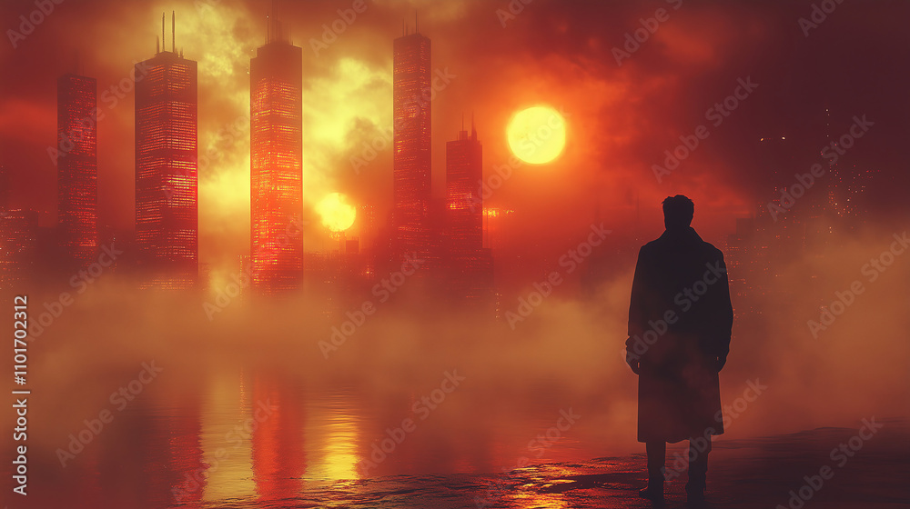 Fototapeta premium Mysterious figure overlooks a futuristic skyline under a glowing sunset with fog. Generative AI
