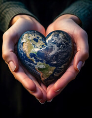 Heart-shaped earth in hands. World care concept, environmental protection, sustainability, save the planet, love for nature, eco-friendly, global responsibility, caring for the earth, black background