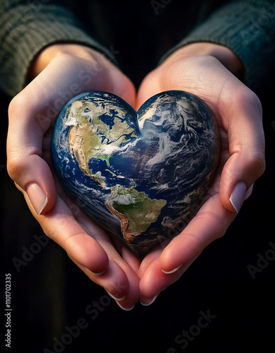 Heart-shaped earth in hands. World care concept, environmental protection, sustainability, save the planet, love for nature, eco-friendly, global responsibility, caring for the earth, black background