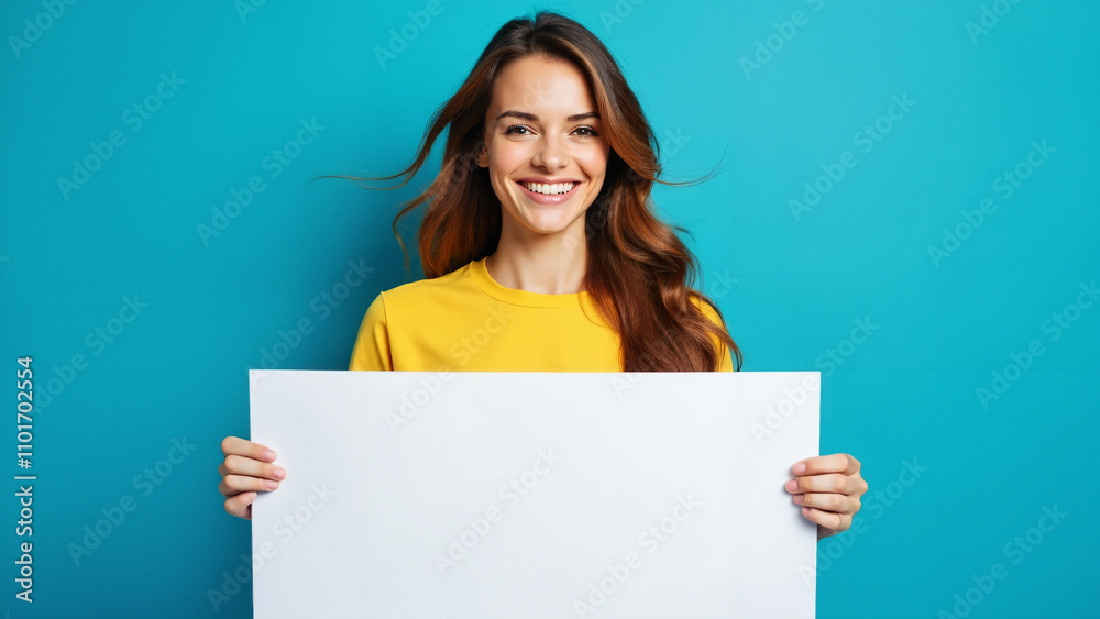 Cheerful Woman Holding Blank Poster: Versatile Image for Marketing, Wellness, and Positivity Campaigns Cheerful Woman Holding Blank Poster: Versatile Image for Marketing, Wellness, and Positivity Campaigns